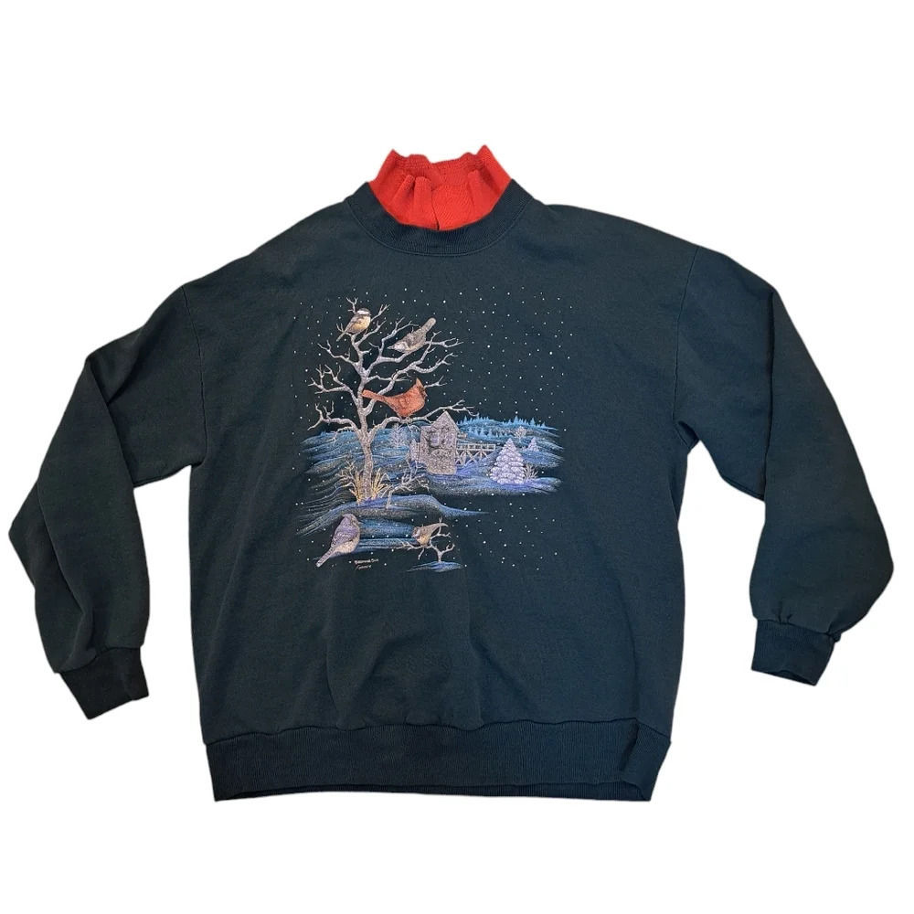 Vintage Morning Sun Green Red Birds Snow Christmas Pullover Sweatshirt Size XL